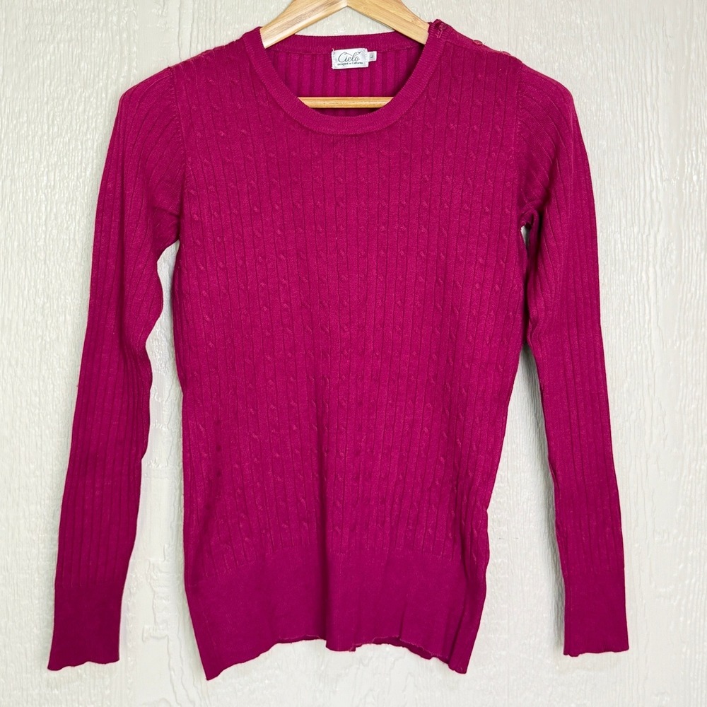 Cielo Womens Magenta Pink Cable Knit Long Sleeve Crew Neck Sweater Size L
